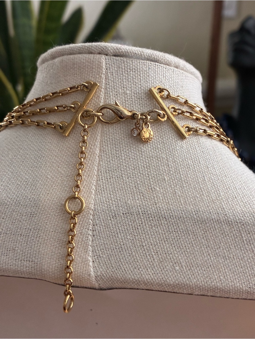 Three-Strand Gold Necklace with Navy Beads and Clear Crystals - Picture 5 of 6